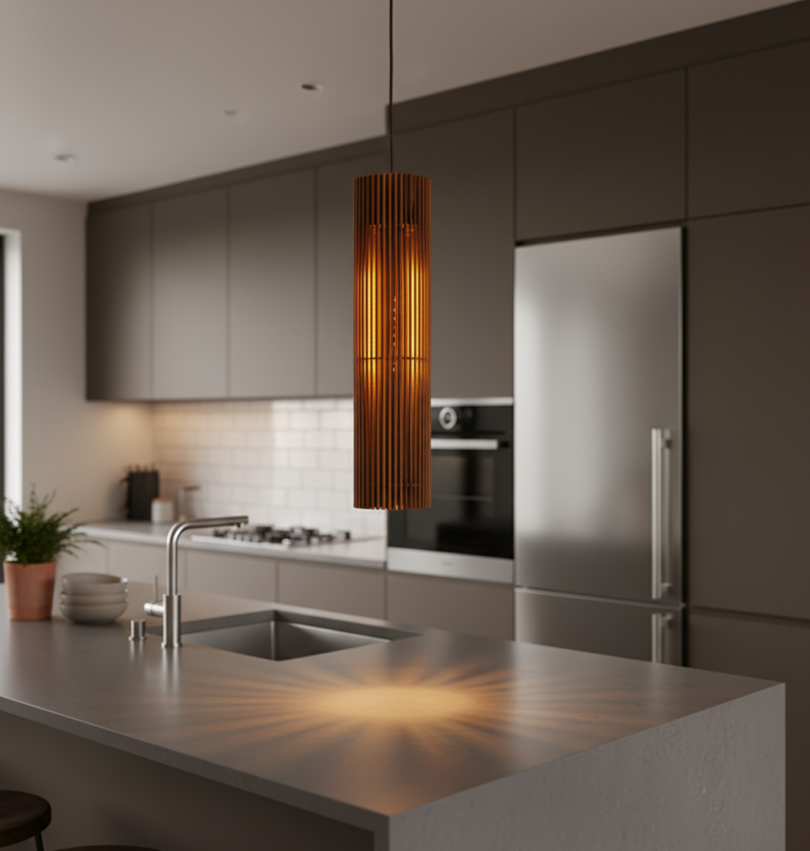 Lyse – Smal pendellampe i bjørkefiner | Jarl Design