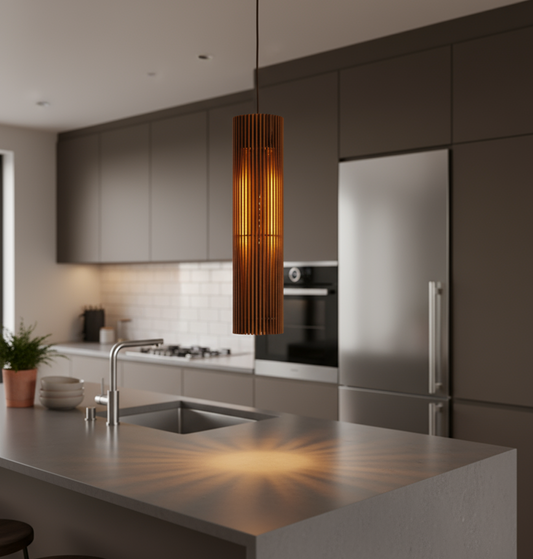 Lyse – Smal pendellampe i bjørkefiner | Jarl Design